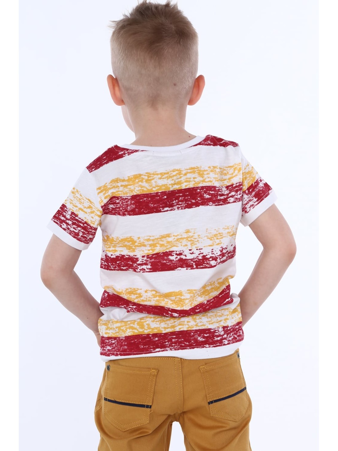 Boy\'s striped T-shirt with a pocket / burgundy NDZ4534 - Online store - Boutique